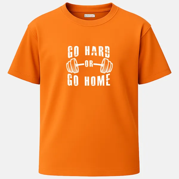 _Regular_Unisex_Bhagwa_Graphics_T-Shirt,_Dumbbell_bar_art_white_distressed_text_go_hard_or_go_home_|_SPORTS_MODE