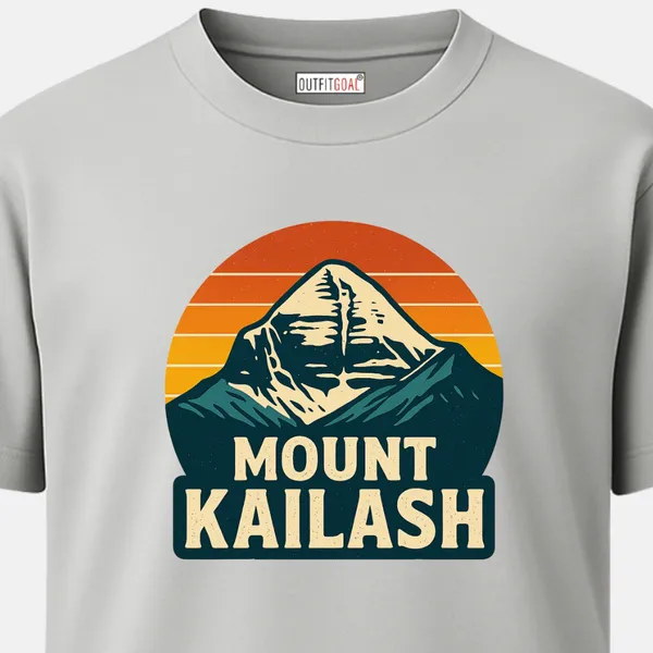 _Regular_Unisex_Grey_Graphics_T-Shirt,_Bold_kailash_peak_with_retro_sunset_stripes_|_TRAVEL_MODE