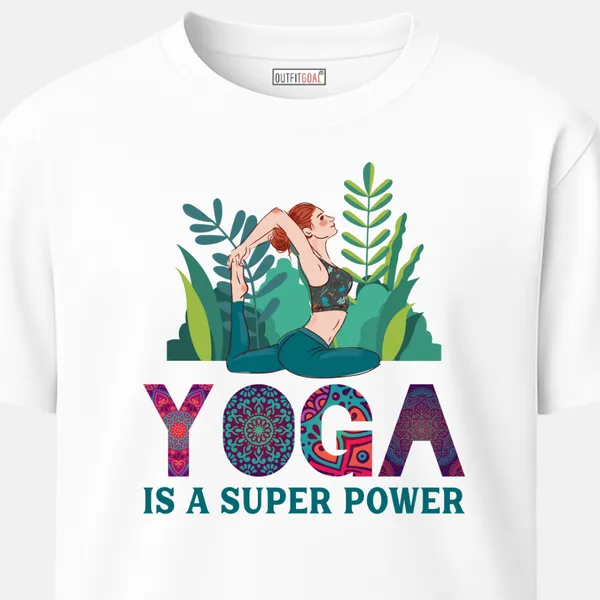 _Regular_Unisex_White_Graphics_T-Shirt,_Woman_in_advanced_yoga_pose_surrounded_by_green_foliage_colorful_mandala_type_art_yoga_is_a_super_power_|_SPORTS_MODE