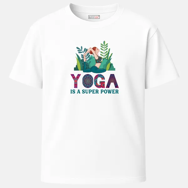 _Regular_Unisex_White_Graphics_T-Shirt,_Woman_in_advanced_yoga_pose_surrounded_by_green_foliage_colorful_mandala_type_art_yoga_is_a_super_power_|_SPORTS_MODE