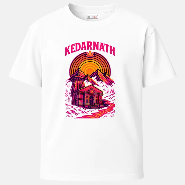 _Regular_Unisex_White_Graphics_T-Shirt,_Bright_neon_temple_with_glowing_sunset_lotus_and_mountains_in_vivid_pink_yellow_|_TRAVEL_MODE