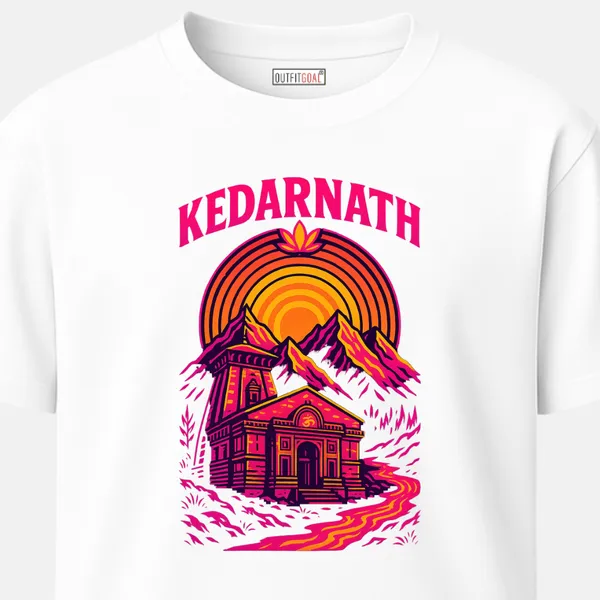 _Regular_Unisex_White_Graphics_T-Shirt,_Bright_neon_temple_with_glowing_sunset_lotus_and_mountains_in_vivid_pink_yellow_|_TRAVEL_MODE