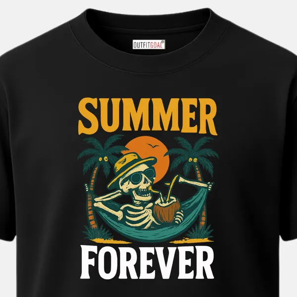 _Regular_Unisex_Black_Graphics_T-Shirt,_Skeleton_chilling_in_hammock_with_coconut_drink_sunset_palm_trees_text_summer_forever_|_TRAVEL_MODE