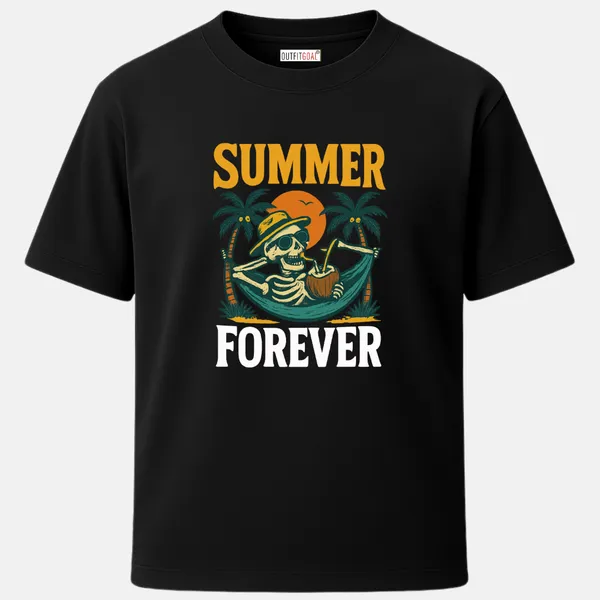 _Regular_Unisex_Black_Graphics_T-Shirt,_Skeleton_chilling_in_hammock_with_coconut_drink_sunset_palm_trees_text_summer_forever_|_TRAVEL_MODE