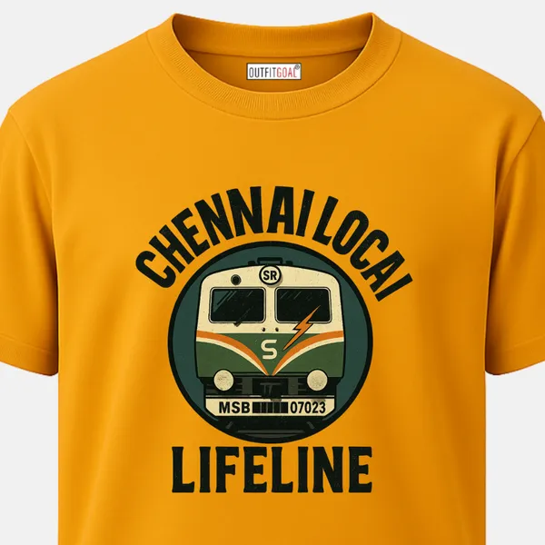 _Regular_Unisex_Black_Graphics_T-Shirt,_Green_and_orange_local_train_with_chennai_local_lifeline_text_retro_circular_emblem_|_TRAVEL_MODE