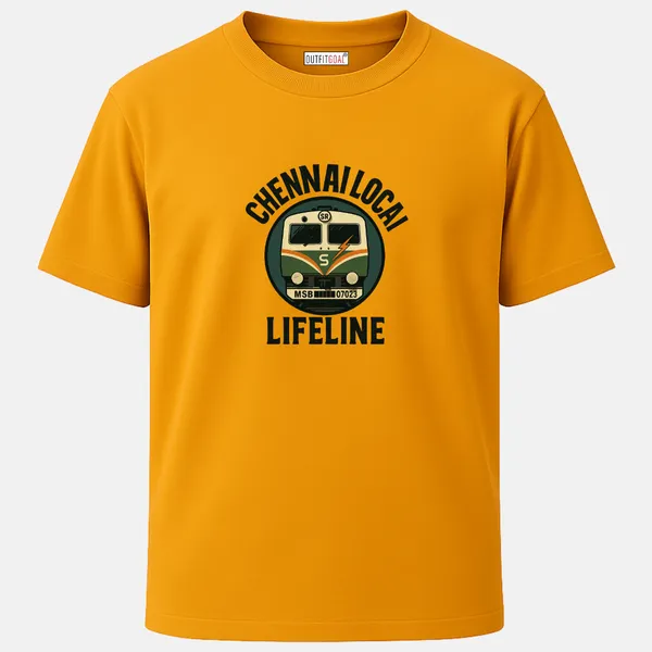 _Regular_Unisex_Black_Graphics_T-Shirt,_Green_and_orange_local_train_with_chennai_local_lifeline_text_retro_circular_emblem_|_TRAVEL_MODE