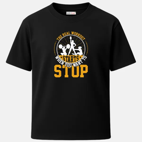 _Regular_Unisex_Black_Graphics_T-Shirt,_Three_silhouettes_training_gold_circle_text_the_real_workout_starts_when_you_want_to_stop_|_SPORTS_MODE