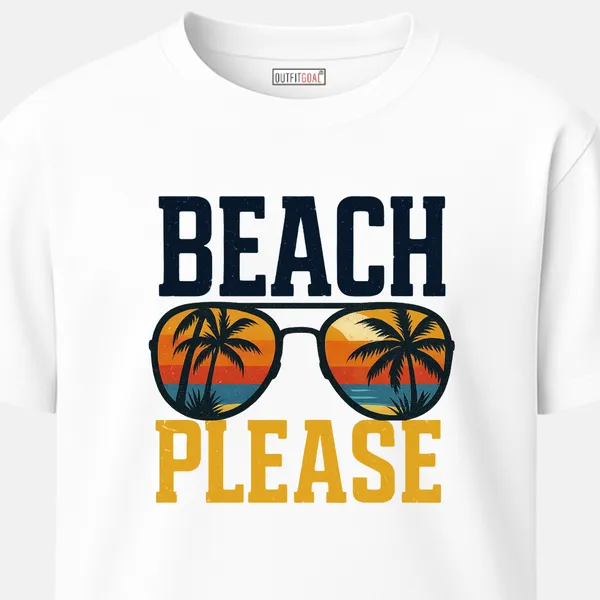 _Regular_Unisex_White_Graphics_T-Shirt,_Retro_sunglasses_reflecting_sunset_palms_bold_beach_please_text_|_TRAVEL_MODE