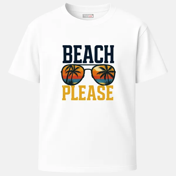 _Regular_Unisex_White_Graphics_T-Shirt,_Retro_sunglasses_reflecting_sunset_palms_bold_beach_please_text_|_TRAVEL_MODE