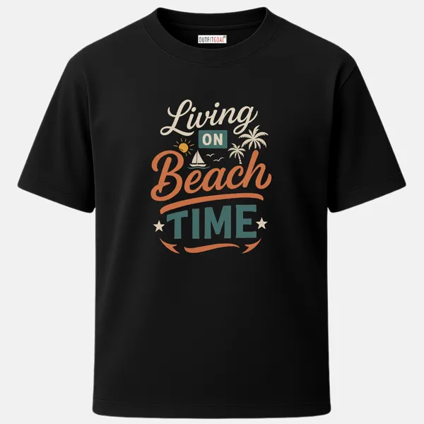 _Regular_Unisex_Black_Graphics_T-Shirt,_Type_art_living_on_beach_time_with_palms_sun_boat_|_TRAVEL_MODE