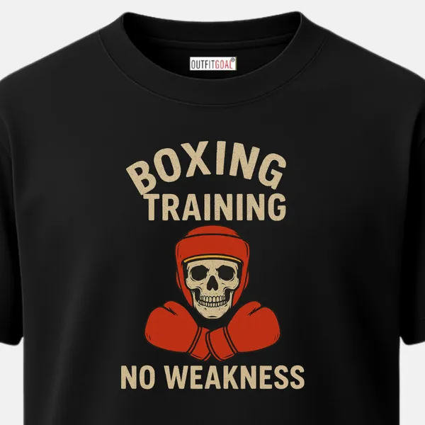 _Regular_Unisex_Black_Graphics_T-Shirt,_Skull_in_headgear_gloves_crossed_text_boxing_training_no_weakness_|_SPORTS_MODE