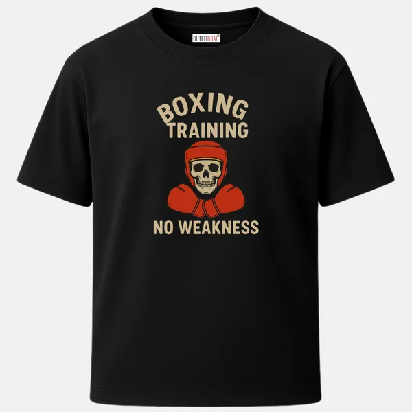 _Regular_Unisex_Black_Graphics_T-Shirt,_Skull_in_headgear_gloves_crossed_text_boxing_training_no_weakness_|_SPORTS_MODE