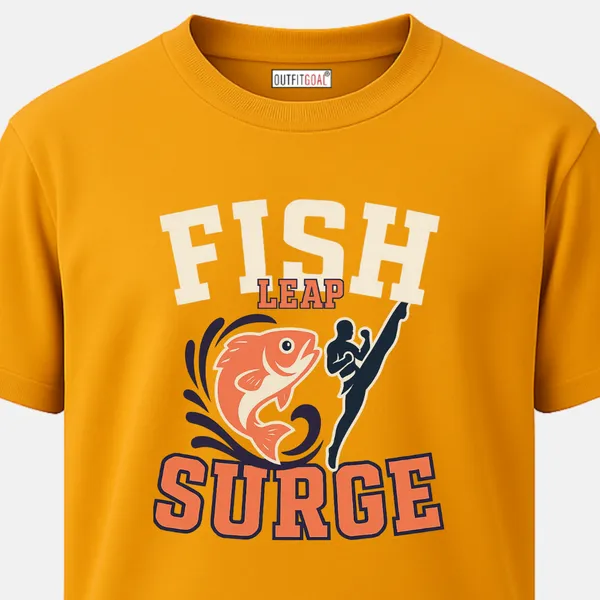 _Regular_Unisex_Yellow_Graphics_T-Shirt,_Fighter_kicking_beside_splashing_fish_bold_text_fish_leap_surge_|_SPORTS_MODE