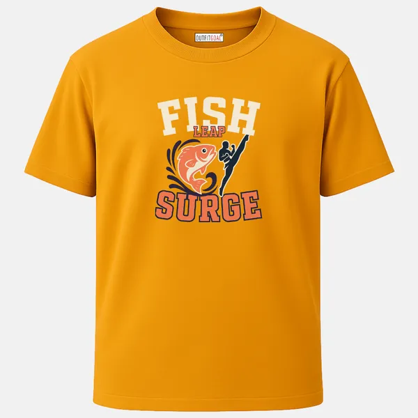 _Regular_Unisex_Yellow_Graphics_T-Shirt,_Fighter_kicking_beside_splashing_fish_bold_text_fish_leap_surge_|_SPORTS_MODE