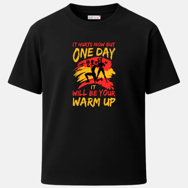 _Regular_Unisex_Black_Graphics_T-Shirt,_Silhouettes_of_man_woman_lifting_text_it_hurts_now_but_one_day_it_ll_be_your_warm_up_|_SPORTS_MODE