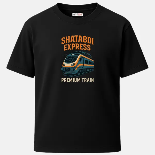 _Regular_Unisex_Black_Graphics_T-Shirt,_Shatabdi_express_art_in_motion_orange_blue_livery_bold_text_premium_train_|_TRAVEL_MODE