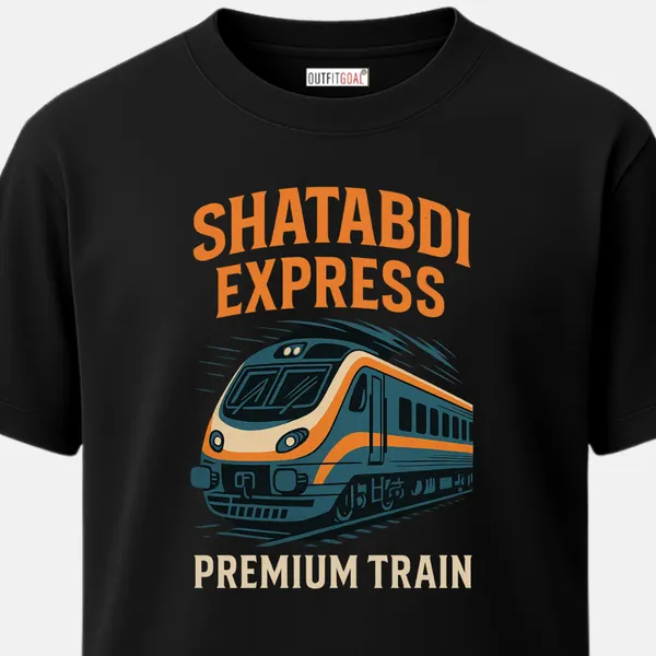 _Regular_Unisex_Black_Graphics_T-Shirt,_Shatabdi_express_art_in_motion_orange_blue_livery_bold_text_premium_train_|_TRAVEL_MODE