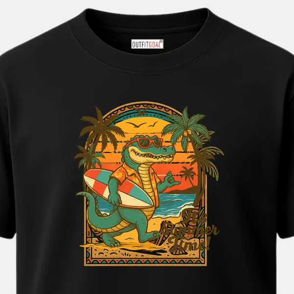 _Regular_Unisex_Black_Graphics_T-Shirt,_Crocodile_in_hawaiian_shirt_with_surfboard_sunset_it_s_summer_time_|_TRAVEL_MODE