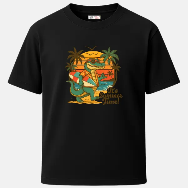 _Regular_Unisex_Black_Graphics_T-Shirt,_Crocodile_in_hawaiian_shirt_with_surfboard_sunset_it_s_summer_time_|_TRAVEL_MODE