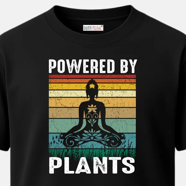 _Regular_Unisex_Black_Graphics_T-Shirt,_Silhouette_in_lotus_pose_with_botanical_patterns_inside_body_retro_color_stripes_background_text_powered_by_plants_|_SPORTS_MODE