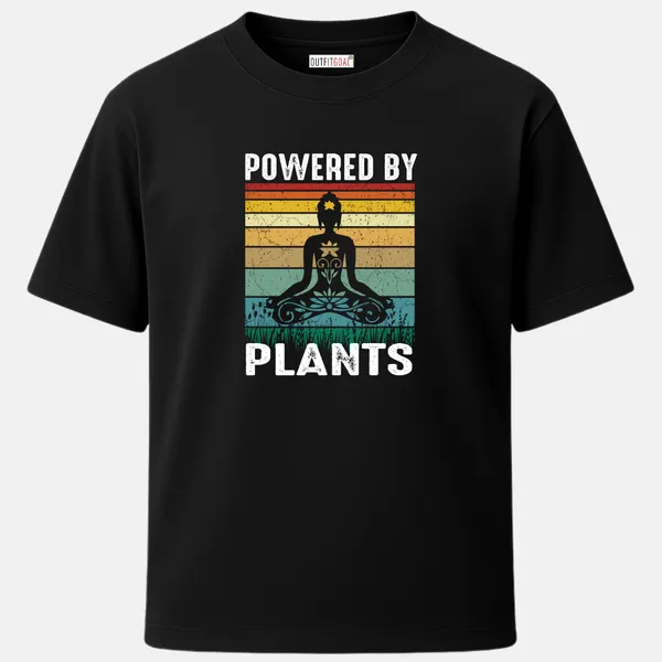 _Regular_Unisex_Black_Graphics_T-Shirt,_Silhouette_in_lotus_pose_with_botanical_patterns_inside_body_retro_color_stripes_background_text_powered_by_plants_|_SPORTS_MODE