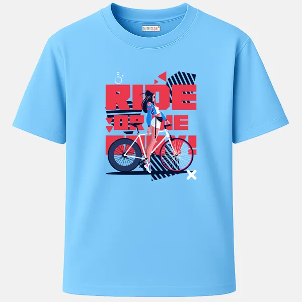 _Regular_Unisex_Sky_Graphics_T-Shirt,_Modern_female_biker_leaning_on_white_bicycle_type_art_ride_or_die_baby_|_SPORTS_MODE