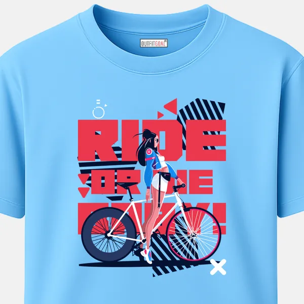 _Regular_Unisex_Sky_Graphics_T-Shirt,_Modern_female_biker_leaning_on_white_bicycle_type_art_ride_or_die_baby_|_SPORTS_MODE