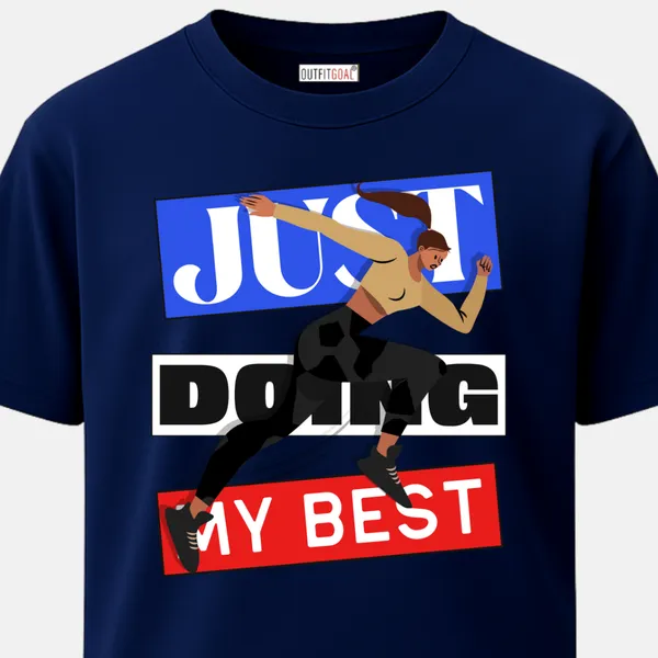 _Regular_Unisex_Navy_Graphics_T-Shirt,_Female_athlete_sprinting_past_bold_blocks_reading_just_doing_my_best_|_SPORTS_MODE
