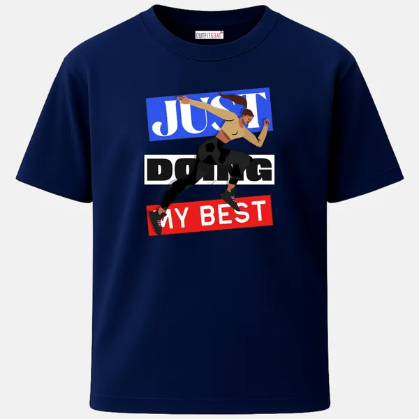 _Regular_Unisex_Navy_Graphics_T-Shirt,_Female_athlete_sprinting_past_bold_blocks_reading_just_doing_my_best_|_SPORTS_MODE