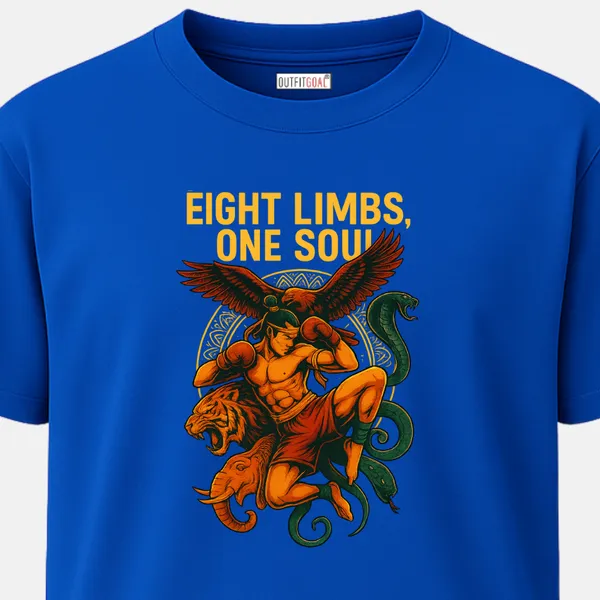 _Regular_Unisex_Royal_Blue_Graphics_T-Shirt,_Muay_thai_warrior_with_tiger_elephant_snake_garuda_wings_text_eight_limbs_one_soul_|_SPORTS_MODE