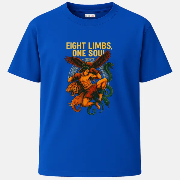 _Regular_Unisex_Royal_Blue_Graphics_T-Shirt,_Muay_thai_warrior_with_tiger_elephant_snake_garuda_wings_text_eight_limbs_one_soul_|_SPORTS_MODE