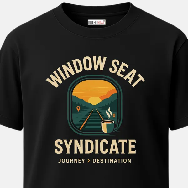 _Regular_Unisex_Black_Graphics_T-Shirt,_Train_window_view_with_tracks_coffee_mug_and_sunrise_type_art_window_seat_syndicate_|_TRAVEL_MODE