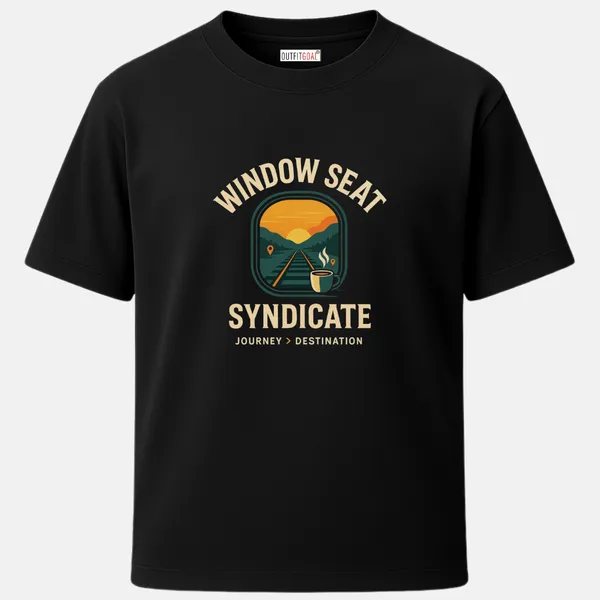 _Regular_Unisex_Black_Graphics_T-Shirt,_Train_window_view_with_tracks_coffee_mug_and_sunrise_type_art_window_seat_syndicate_|_TRAVEL_MODE