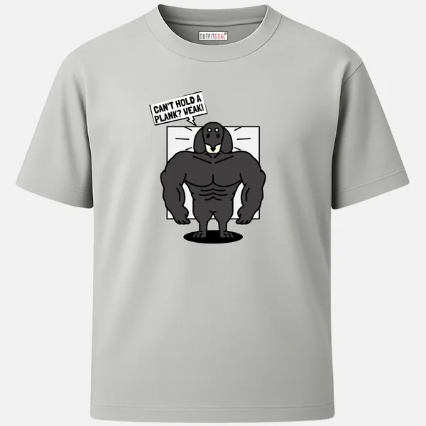 _Regular_Unisex_Grey_Graphics_T-Shirt,_Cartoon_muscular_dog_saying_can_t_hold_a_plank_weak_|_SPORTS_MODE