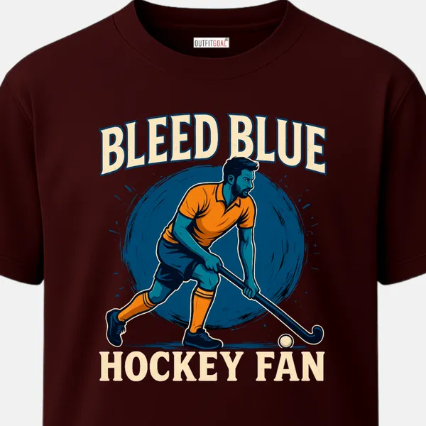 _Regular_Unisex_Maroon_Graphics_T-Shirt,_Blue_toned_male_hockey_player_with_bleed_blue_hockey_fan_text_|_SPORTS_MODE