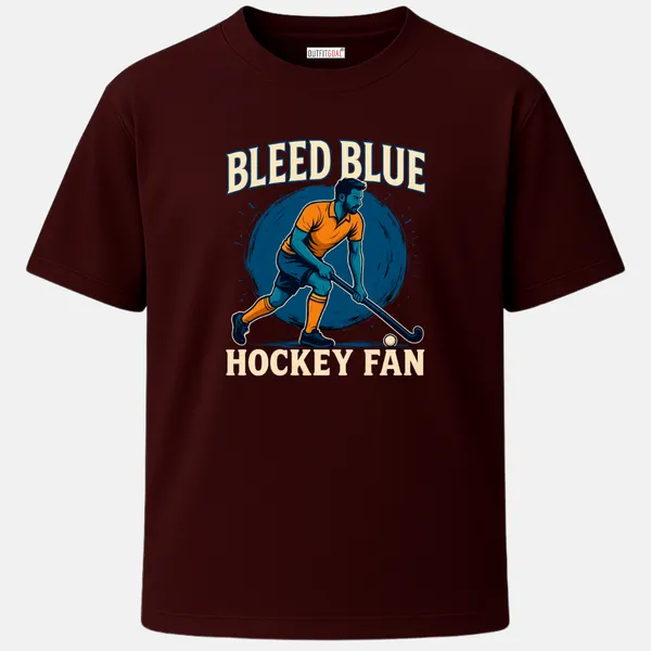 _Regular_Unisex_Maroon_Graphics_T-Shirt,_Blue_toned_male_hockey_player_with_bleed_blue_hockey_fan_text_|_SPORTS_MODE