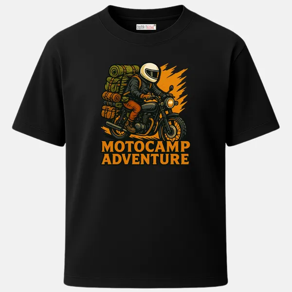 Outfitgoal_Regular_Unisex_Black_Graphics_T-Shirt,_Biker_loaded_with_camping_gear,_riding_through_sunset;_MOTOCAMP_ADVENTURE_text,_rugged_traveler_energy._|_TRAVEL_MODE