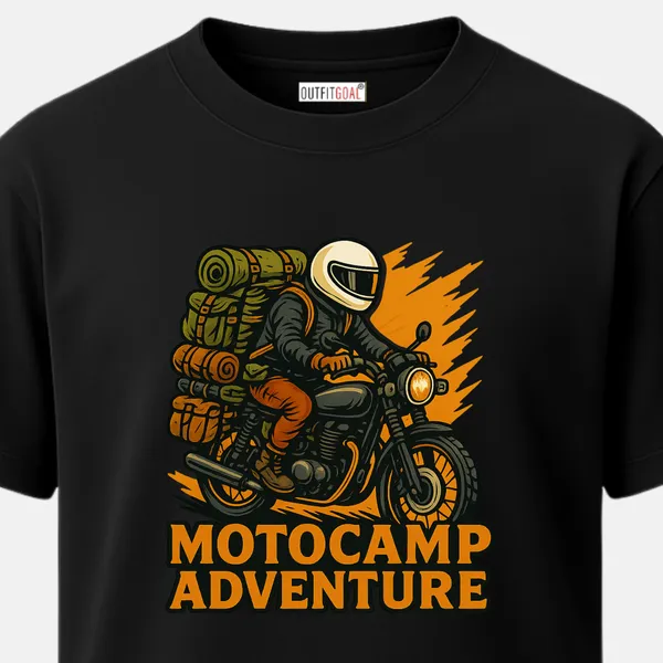 Outfitgoal_Regular_Unisex_Black_Graphics_T-Shirt,_Biker_loaded_with_camping_gear,_riding_through_sunset;_MOTOCAMP_ADVENTURE_text,_rugged_traveler_energy._|_TRAVEL_MODE