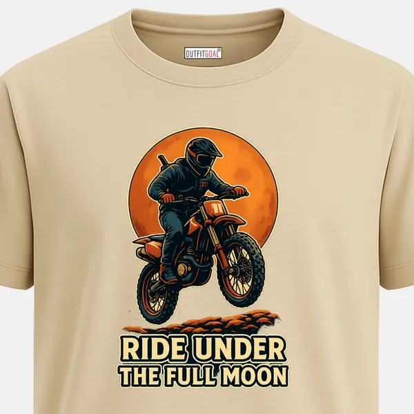 Outfitgoal_Regular_Unisex_Beige_Graphics_T-Shirt,_Motocross_rider_jumping_with_a_glowing_orange_moon_backdrop_Ride_Under_The_Full_Moon_text_|_TRAVEL_MODE