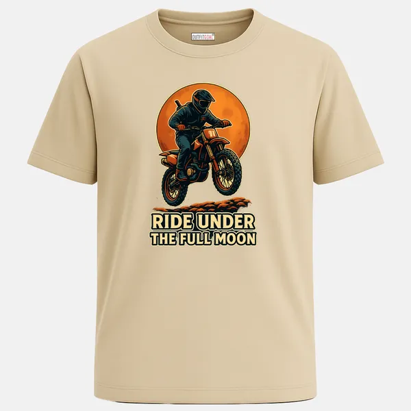 Outfitgoal_Regular_Unisex_Beige_Graphics_T-Shirt,_Motocross_rider_jumping_with_a_glowing_orange_moon_backdrop_Ride_Under_The_Full_Moon_text_|_TRAVEL_MODE