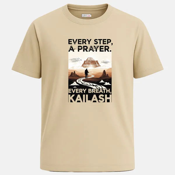 _Regular_Unisex_Beige_Graphics_T-Shirt,_Pilgrim_walking_toward_mt_kailash_text_every_step_a_prayer_every_breath_kailash_|_TRAVEL_MODE