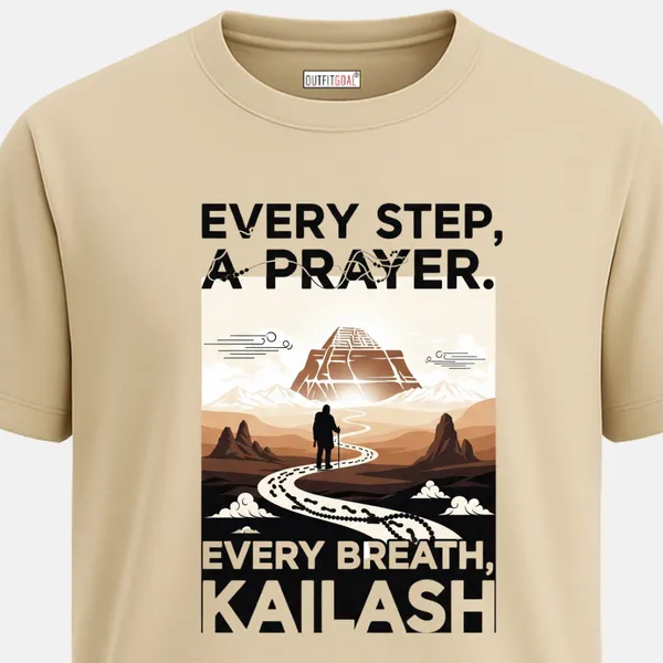 _Regular_Unisex_Beige_Graphics_T-Shirt,_Pilgrim_walking_toward_mt_kailash_text_every_step_a_prayer_every_breath_kailash_|_TRAVEL_MODE