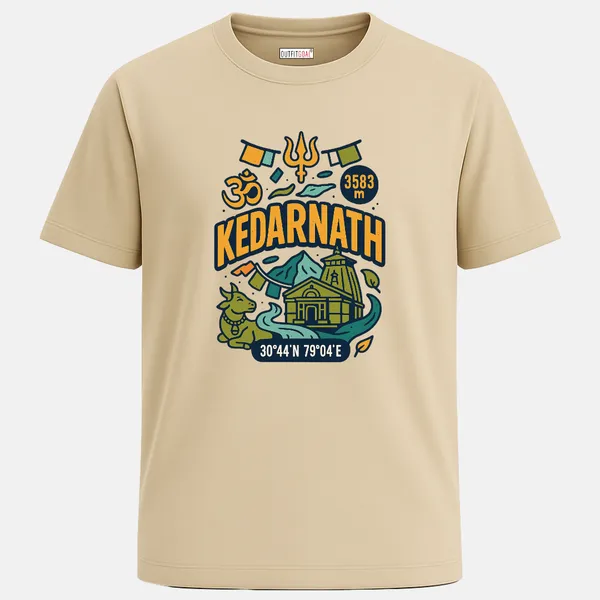 _Regular_Unisex_Beige_Graphics_T-Shirt,_Full_kedarnath_temple_scene_with_nandi_bull_om_trishul_prayer_flags_coordinates_type_art_kedarnath_3583m_|_TRAVEL_MODE
