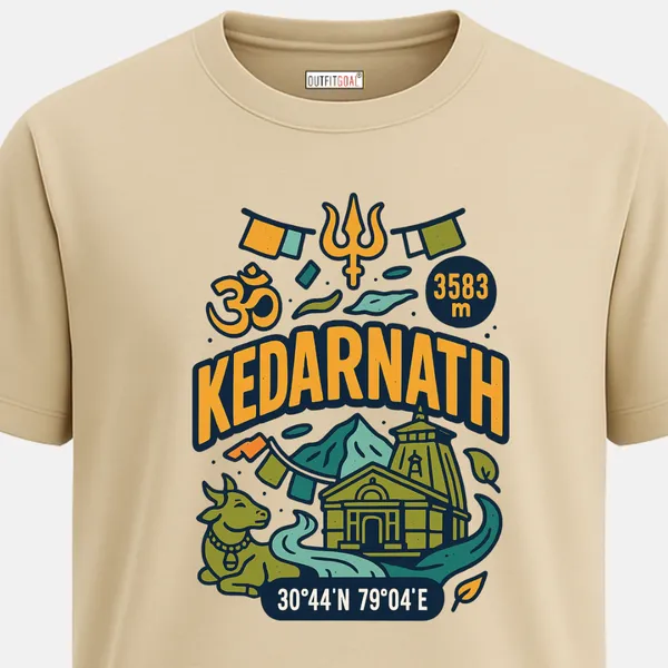 _Regular_Unisex_Beige_Graphics_T-Shirt,_Full_kedarnath_temple_scene_with_nandi_bull_om_trishul_prayer_flags_coordinates_type_art_kedarnath_3583m_|_TRAVEL_MODE