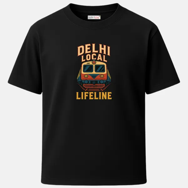 _Regular_Unisex_Black_Graphics_T-Shirt,_Red_yellow_suburban_train_with_delhi_local_lifeline_type_art_bold_travel_vibe_|_TRAVEL_MODE
