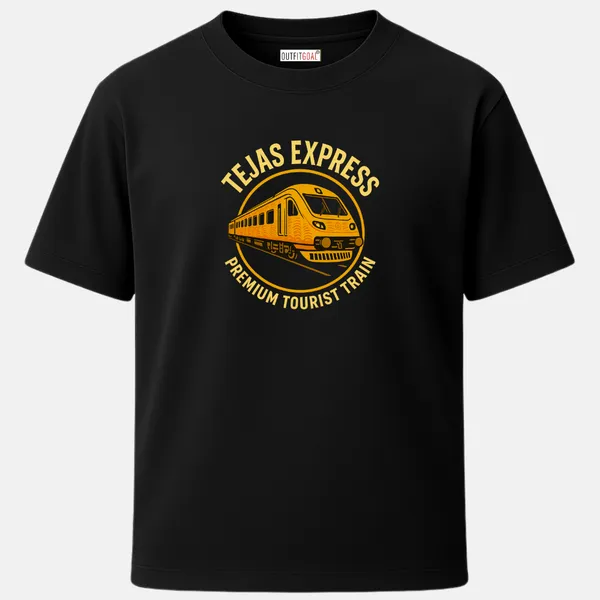 _Regular_Unisex_Black_Graphics_T-Shirt,_Red_yellow_suburban_train_with_delhi_local_lifeline_type_art_bold_travel_vibe_|_TRAVEL_MODE