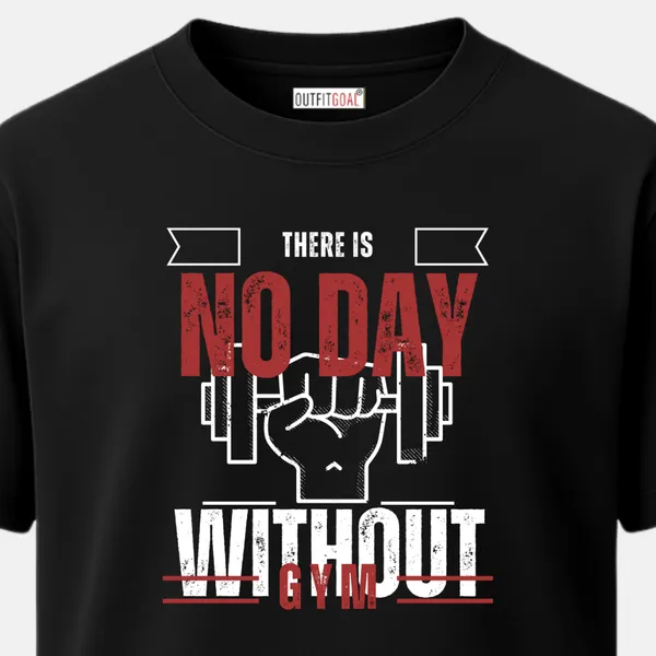 _Regular_Unisex_Black_Graphics_T-Shirt,_Fist_gripping_dumbbell_there_is_no_day_without_gym_|_SPORTS_MODE
