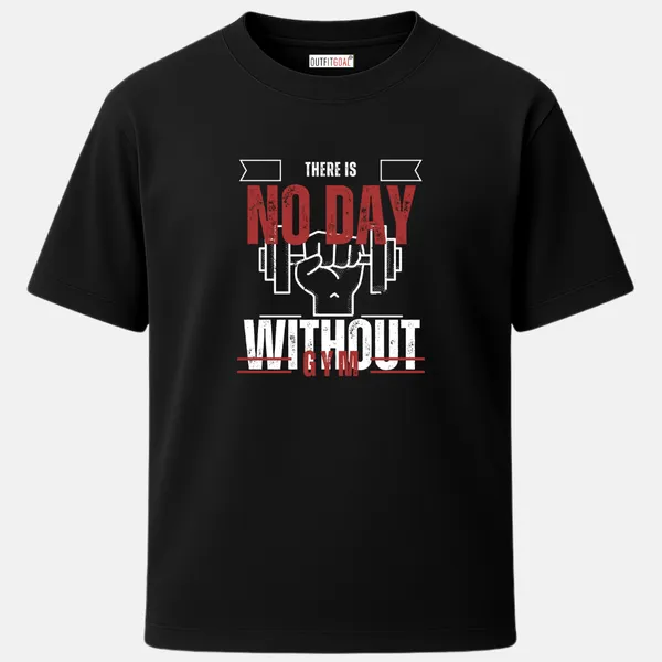 _Regular_Unisex_Black_Graphics_T-Shirt,_Fist_gripping_dumbbell_there_is_no_day_without_gym_|_SPORTS_MODE
