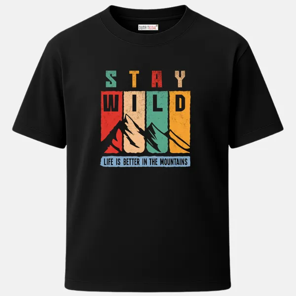 _Regular_Unisex_Black_Graphics_T-Shirt,_Block_type_art_stay_wild_mountain_silhouettes_colorful_retro_panels_|_TRAVEL_MODE