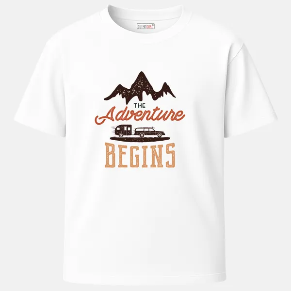 _Regular_Unisex_White_Graphics_T-Shirt,_Retro_style_car_caravan_type_art_the_adventure_begins_mountains_backdrop_|_TRAVEL_MODE